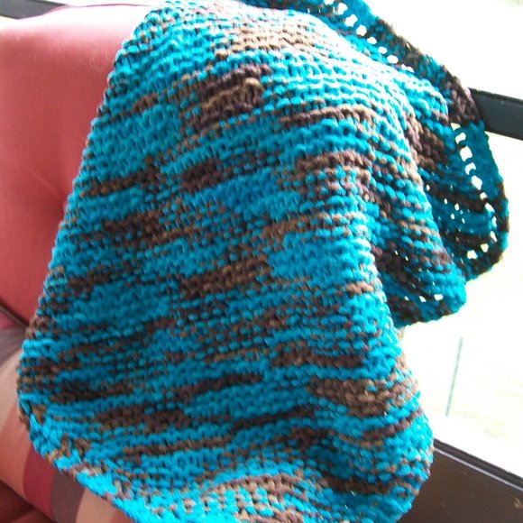 Hand Crafted Baby Blanket Hat Set Turquoise Blue Brown Chunky Swaddle - Picture 1 of 10